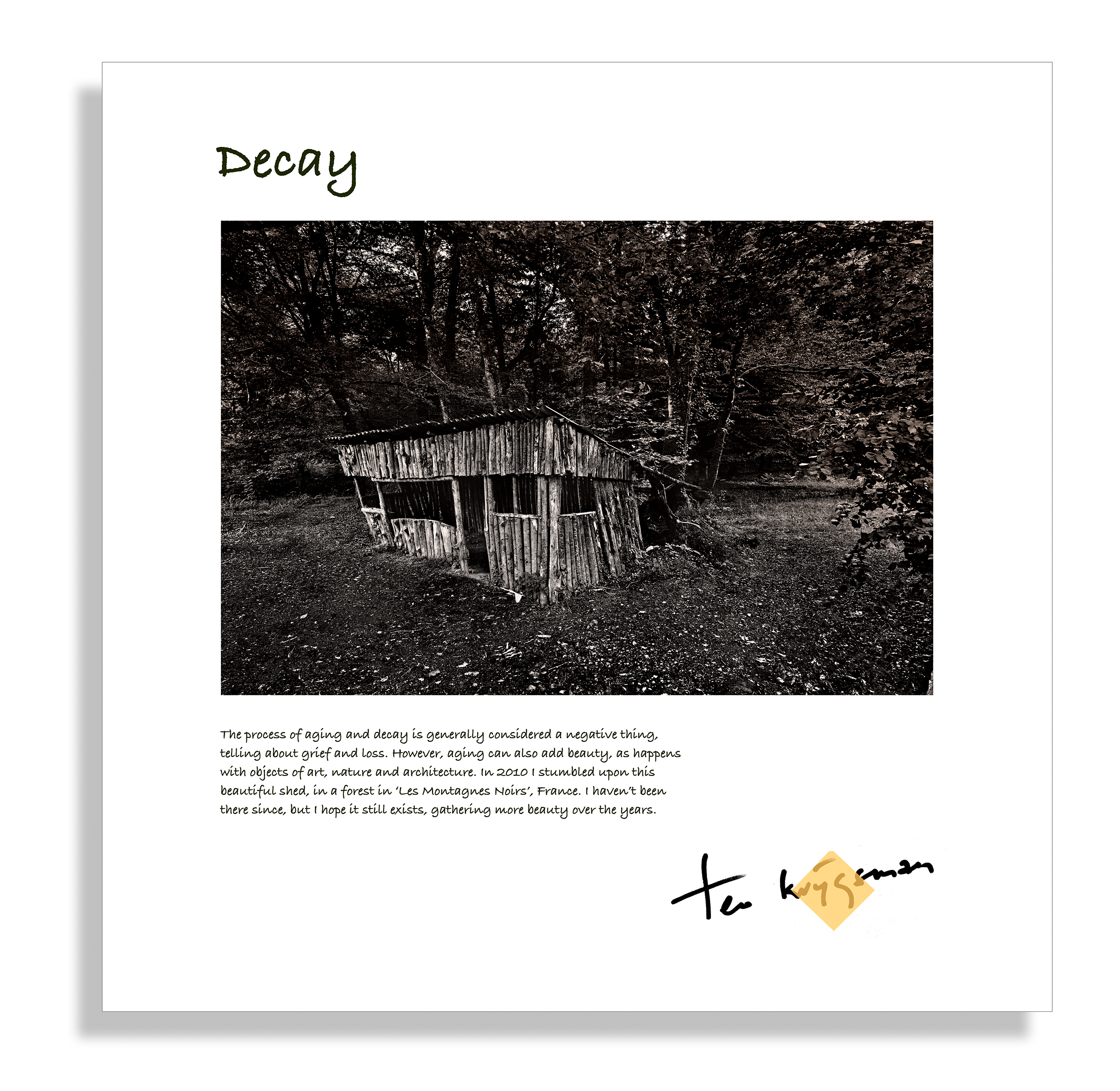 Themaprint met tekst 'Decay' gesigneerd op goudfolie